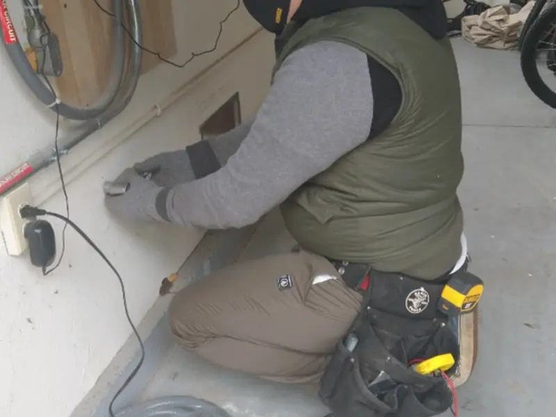 Electrician performing outlet wiring in a Ellisville garage